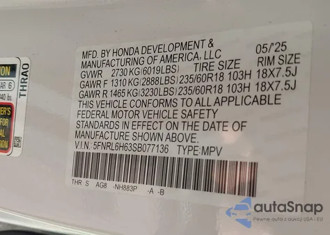 2025 Honda Odyssey Ex-L из США, поврежденный, VIN 5FNRL6H63SB077136